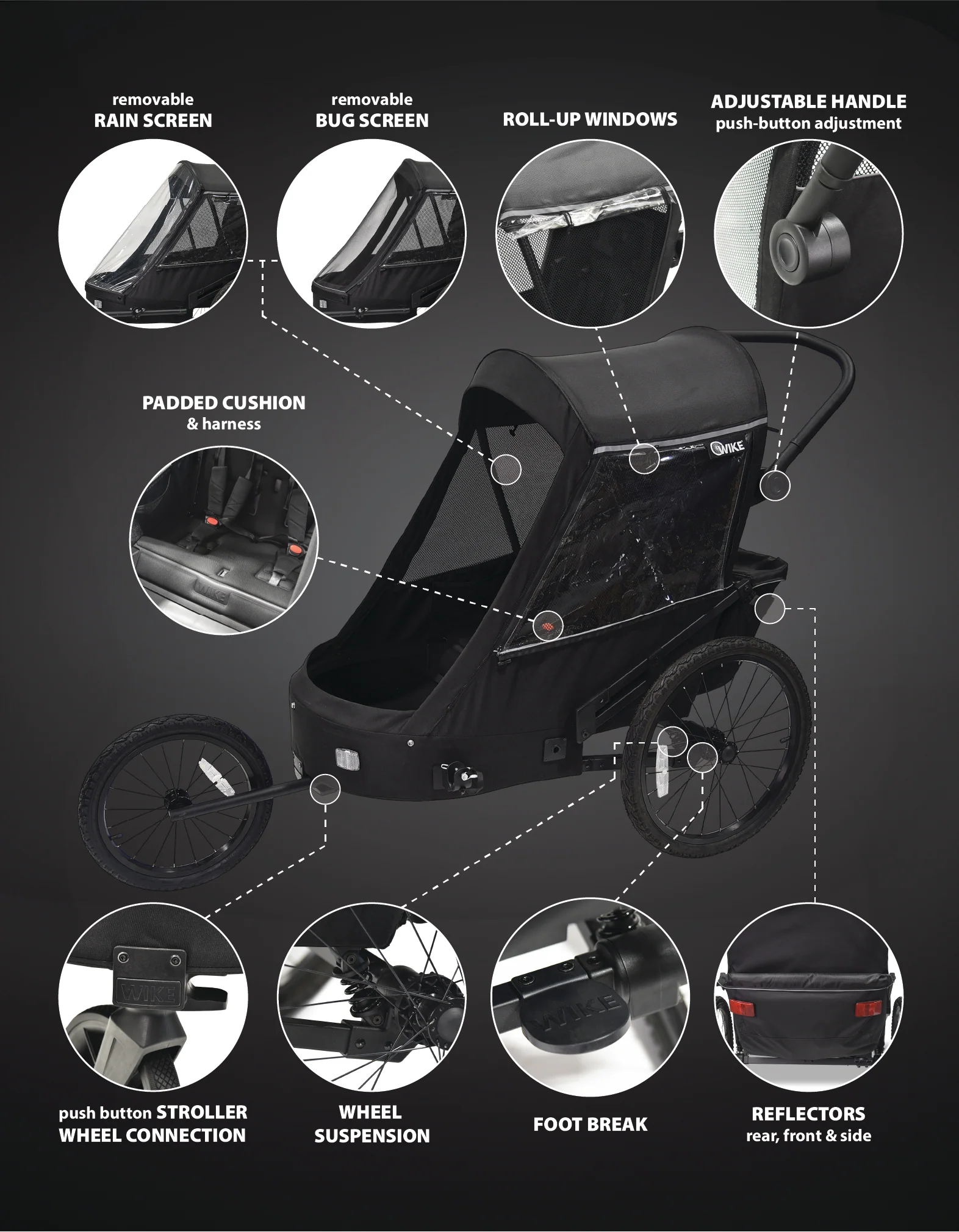 Wike Premium Suspension Bike Trailer – Black - Includes Stroller & Jogger Kit - Image 19